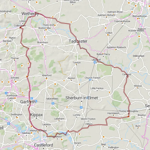 Map miniature of "Tadcaster & Cawood" cycling inspiration in West Yorkshire, United Kingdom. Generated by Tarmacs.app cycling route planner
