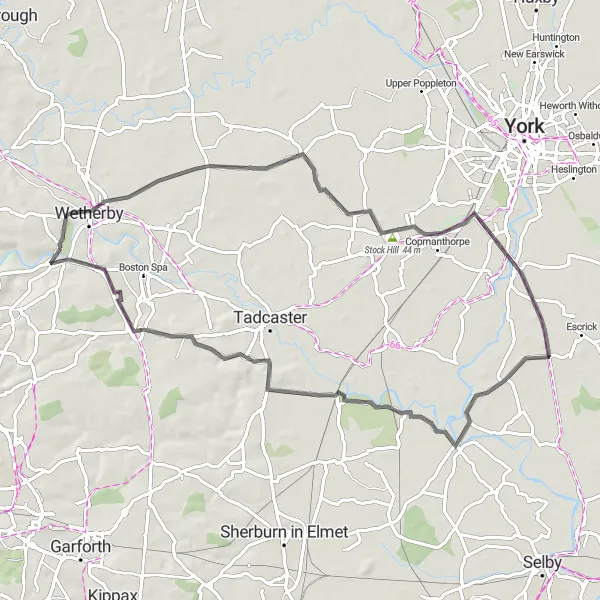 Map miniature of "Wetherby & Copmanthorpe" cycling inspiration in West Yorkshire, United Kingdom. Generated by Tarmacs.app cycling route planner