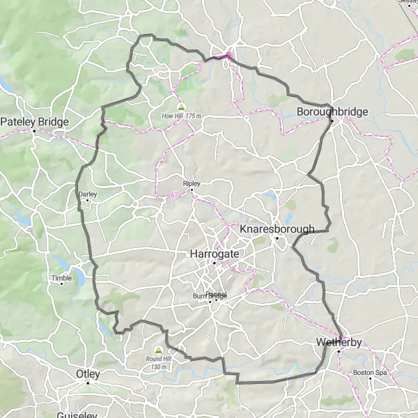 Map miniature of "Ripon & Boroughbridge" cycling inspiration in West Yorkshire, United Kingdom. Generated by Tarmacs.app cycling route planner
