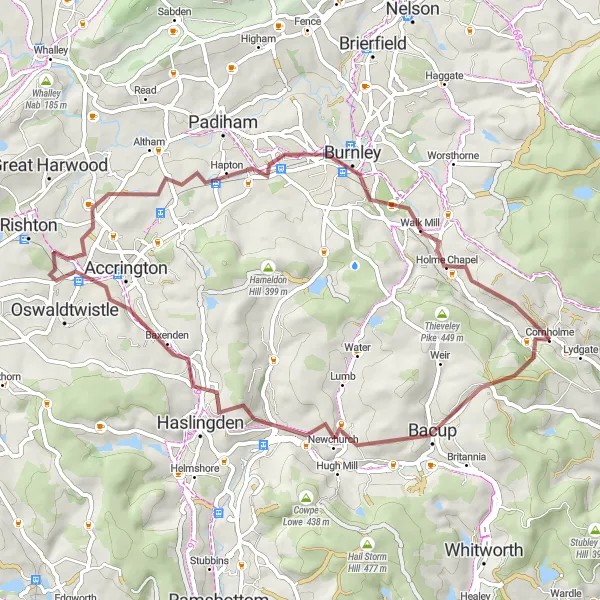 Map miniature of "The Gravel Explorer" cycling inspiration in West Yorkshire, United Kingdom. Generated by Tarmacs.app cycling route planner