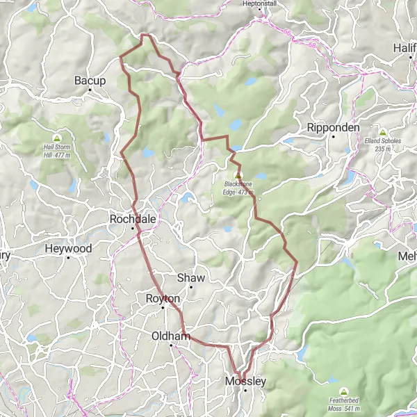 Map miniature of "Adventurous Gravel Route through Calderdale" cycling inspiration in West Yorkshire, United Kingdom. Generated by Tarmacs.app cycling route planner