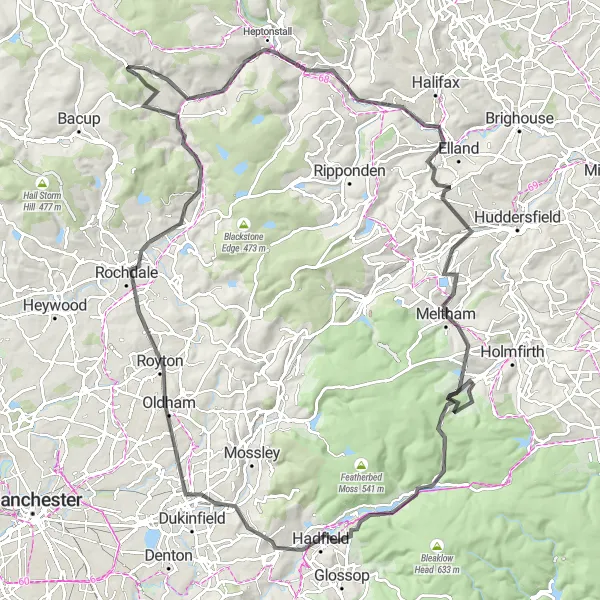 Map miniature of "The Hill Climb Spectacular" cycling inspiration in West Yorkshire, United Kingdom. Generated by Tarmacs.app cycling route planner