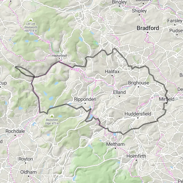 Map miniature of "The Yorkshire Challenge" cycling inspiration in West Yorkshire, United Kingdom. Generated by Tarmacs.app cycling route planner