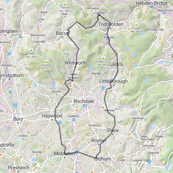 Map miniature of "The Todmorden and Beyond" cycling inspiration in West Yorkshire, United Kingdom. Generated by Tarmacs.app cycling route planner