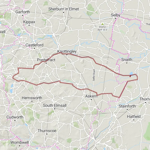 Map miniature of "Ackworth Gravel Adventure" cycling inspiration in West Yorkshire, United Kingdom. Generated by Tarmacs.app cycling route planner