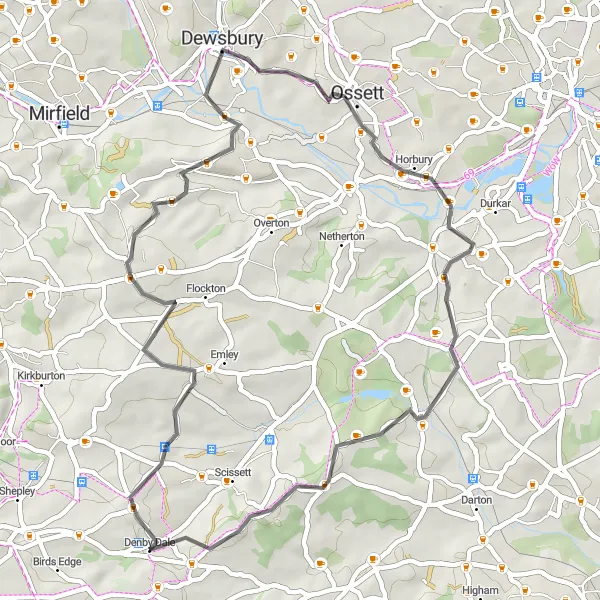 Map miniature of "Denby Dale Highlights Road Cycling Route" cycling inspiration in West Yorkshire, United Kingdom. Generated by Tarmacs.app cycling route planner