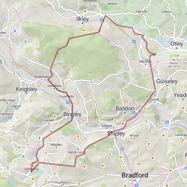 Map miniature of "Denholme to Burley-in-Wharfedale Gravel Ride" cycling inspiration in West Yorkshire, United Kingdom. Generated by Tarmacs.app cycling route planner
