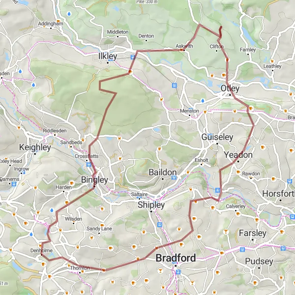 Map miniature of "Denholme to Otley Gravel Adventure" cycling inspiration in West Yorkshire, United Kingdom. Generated by Tarmacs.app cycling route planner