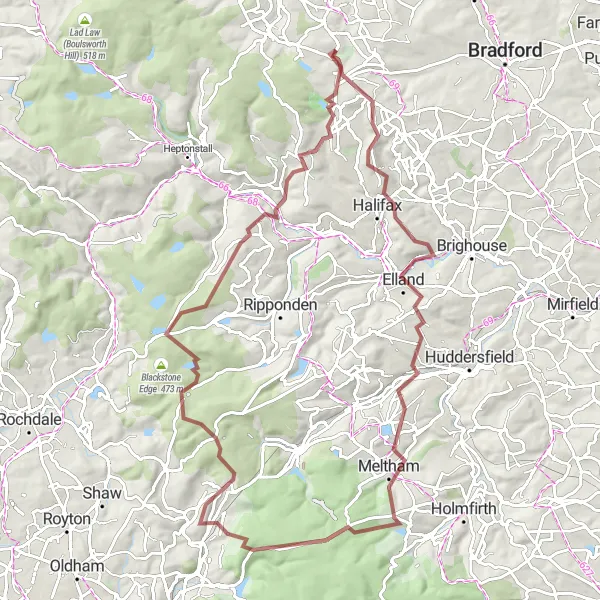 Map miniature of "Denholme to Longwood Tower Gravel Challenge" cycling inspiration in West Yorkshire, United Kingdom. Generated by Tarmacs.app cycling route planner