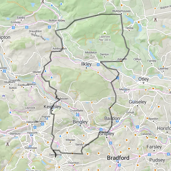 Map miniature of "Wharfedale Adventure" cycling inspiration in West Yorkshire, United Kingdom. Generated by Tarmacs.app cycling route planner