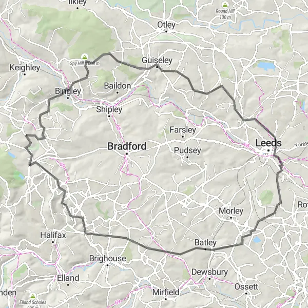 Map miniature of "Leeds Loop Challenge" cycling inspiration in West Yorkshire, United Kingdom. Generated by Tarmacs.app cycling route planner