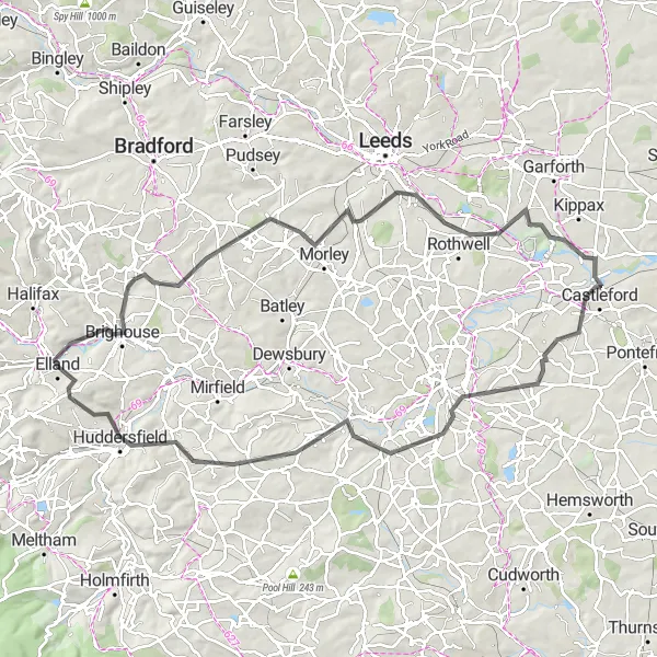 Map miniature of "Elland to Huddersfield Circular" cycling inspiration in West Yorkshire, United Kingdom. Generated by Tarmacs.app cycling route planner