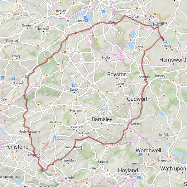 Map miniature of "Cudworth and Yorkshire Sculpture Park Gravel Loop" cycling inspiration in West Yorkshire, United Kingdom. Generated by Tarmacs.app cycling route planner