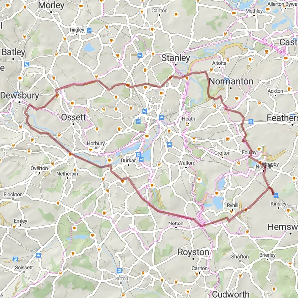 Map miniature of "Notton and Gawthorpe Gravel Loop" cycling inspiration in West Yorkshire, United Kingdom. Generated by Tarmacs.app cycling route planner