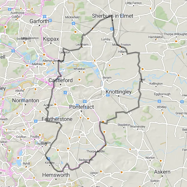 Map miniature of "Castleford and Cridling Stubbs Road Loop" cycling inspiration in West Yorkshire, United Kingdom. Generated by Tarmacs.app cycling route planner