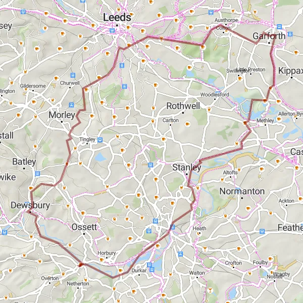 Map miniature of "Garforth to Beeston and Wakefield Gravel Adventure" cycling inspiration in West Yorkshire, United Kingdom. Generated by Tarmacs.app cycling route planner