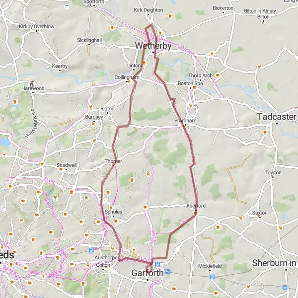 Map miniature of "Thorner and Wetherby Gravel Loop" cycling inspiration in West Yorkshire, United Kingdom. Generated by Tarmacs.app cycling route planner