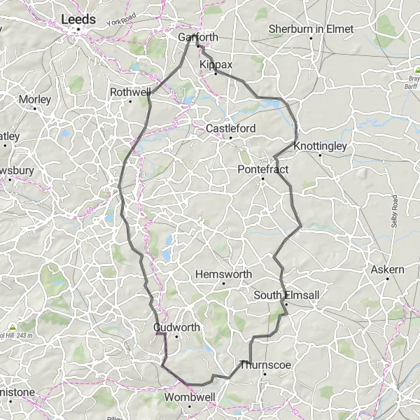 Map miniature of "Garforth to Sandal Castle and Kippax Road Loop" cycling inspiration in West Yorkshire, United Kingdom. Generated by Tarmacs.app cycling route planner