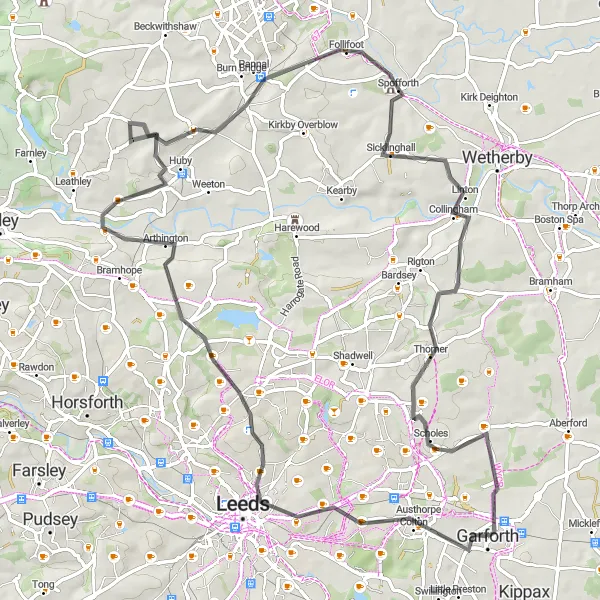 Map miniature of "Chapel Allerton and Arthington Road Loop" cycling inspiration in West Yorkshire, United Kingdom. Generated by Tarmacs.app cycling route planner