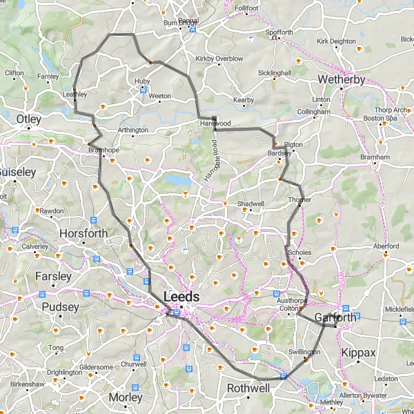 Map miniature of "Leeds Loop" cycling inspiration in West Yorkshire, United Kingdom. Generated by Tarmacs.app cycling route planner