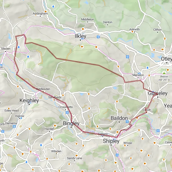 Map miniature of "Bingley to Menston Gravel Adventure" cycling inspiration in West Yorkshire, United Kingdom. Generated by Tarmacs.app cycling route planner