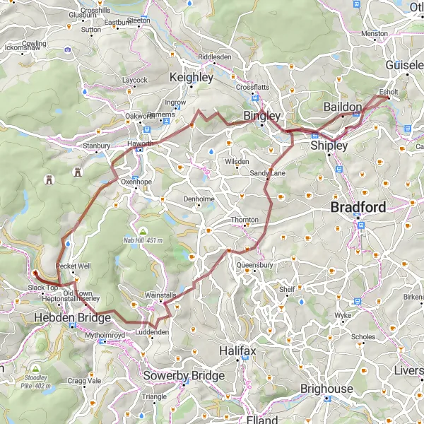 Map miniature of "The Brontë Hills Gravel Challenge" cycling inspiration in West Yorkshire, United Kingdom. Generated by Tarmacs.app cycling route planner