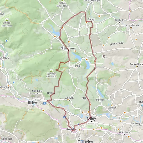 Map miniature of "West Yorkshire Scenic Gravel Ride: Burley-in-Wharfedale, Lippersley Pike, Dacre, Otley, Sinclair's Field" cycling inspiration in West Yorkshire, United Kingdom. Generated by Tarmacs.app cycling route planner