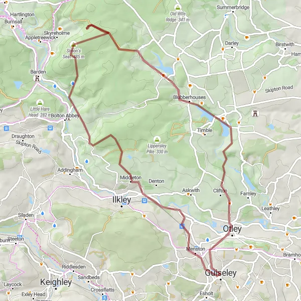 Map miniature of "The Wharfedale Gravel Escape" cycling inspiration in West Yorkshire, United Kingdom. Generated by Tarmacs.app cycling route planner