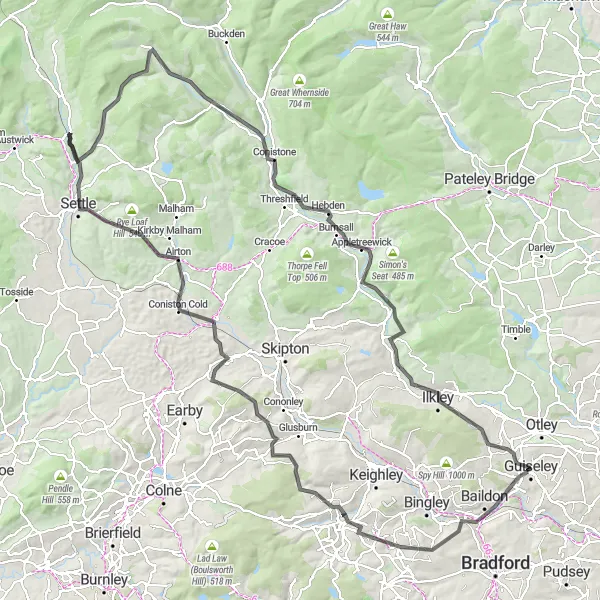 Map miniature of "Scenic Yorkshire Dales Road Cycling Route" cycling inspiration in West Yorkshire, United Kingdom. Generated by Tarmacs.app cycling route planner