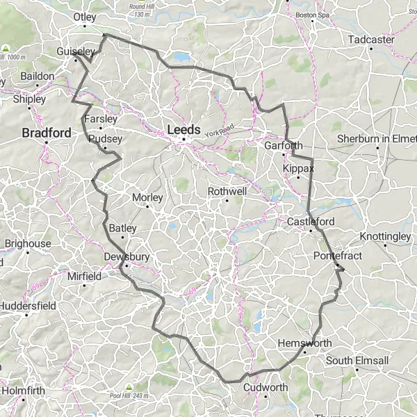 Map miniature of "Guiseley to Woolley Edge Loop" cycling inspiration in West Yorkshire, United Kingdom. Generated by Tarmacs.app cycling route planner