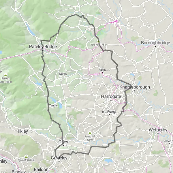 Map miniature of "The Rolling Hills of Nidderdale Loop" cycling inspiration in West Yorkshire, United Kingdom. Generated by Tarmacs.app cycling route planner