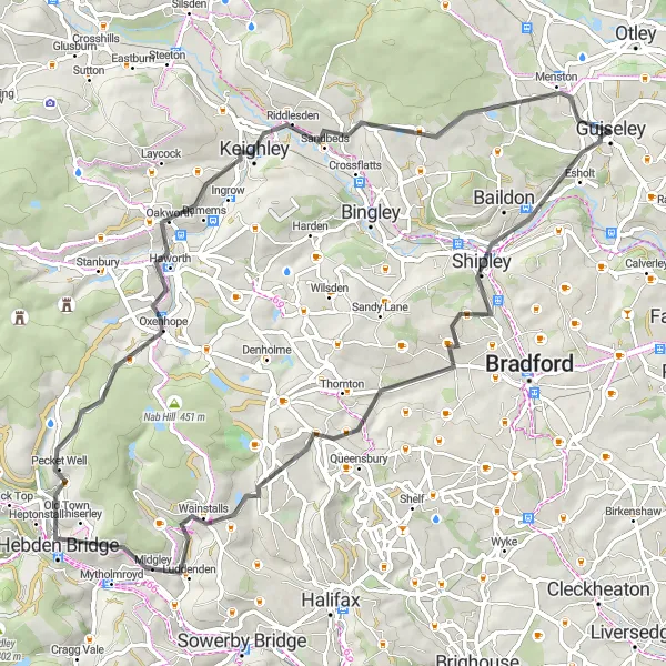 Map miniature of "West Yorkshire Epic Road Trip: Shipley, Illingworth, Sheepstones, Hebden Bridge, Haworth, Knapley Hill, Menston" cycling inspiration in West Yorkshire, United Kingdom. Generated by Tarmacs.app cycling route planner