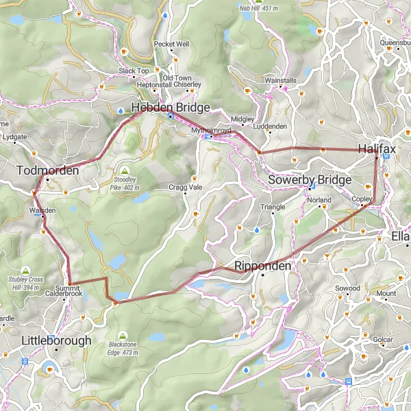 Map miniature of "Ripponden and Todmorden Gravel Exploration" cycling inspiration in West Yorkshire, United Kingdom. Generated by Tarmacs.app cycling route planner