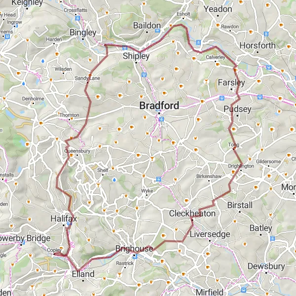 Map miniature of "The Gravel Escape" cycling inspiration in West Yorkshire, United Kingdom. Generated by Tarmacs.app cycling route planner