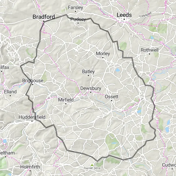 Map miniature of "The Leeds Loop" cycling inspiration in West Yorkshire, United Kingdom. Generated by Tarmacs.app cycling route planner