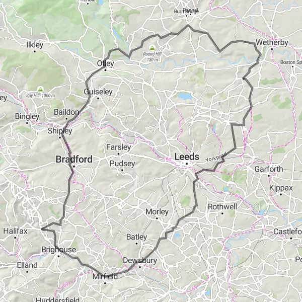 Map miniature of "Wharfedale and Otley Road Cycling Challenge" cycling inspiration in West Yorkshire, United Kingdom. Generated by Tarmacs.app cycling route planner