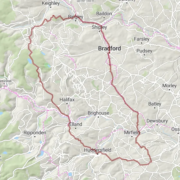 Map miniature of "Druids Altar and Mount Tabor Gravel Route" cycling inspiration in West Yorkshire, United Kingdom. Generated by Tarmacs.app cycling route planner