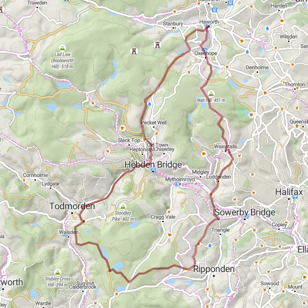 Map miniature of "Nab Hill and Hebden Bridge Gravel Route" cycling inspiration in West Yorkshire, United Kingdom. Generated by Tarmacs.app cycling route planner