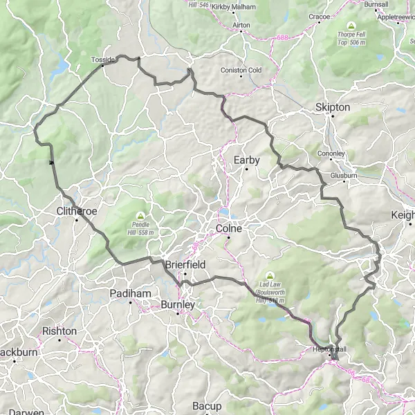 Map miniature of "Classic West Contrast" cycling inspiration in West Yorkshire, United Kingdom. Generated by Tarmacs.app cycling route planner