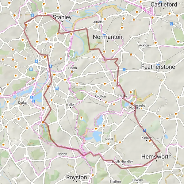 Map miniature of "Nature's Beauty in South Hiendley and Wakefield Gravel Route" cycling inspiration in West Yorkshire, United Kingdom. Generated by Tarmacs.app cycling route planner