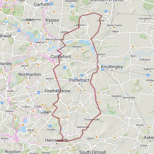 Map miniature of "Castleford to Hemsworth Gravel Route" cycling inspiration in West Yorkshire, United Kingdom. Generated by Tarmacs.app cycling route planner