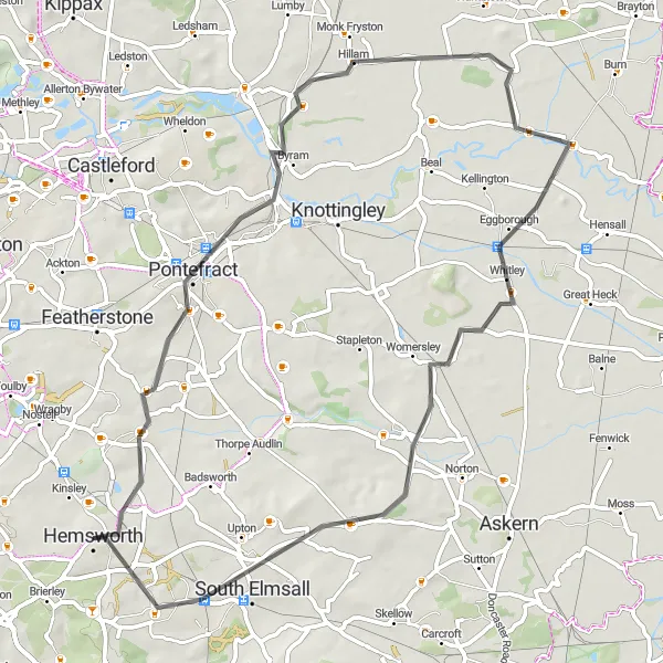 Map miniature of "Hemsworth to Hemsworth Road Route" cycling inspiration in West Yorkshire, United Kingdom. Generated by Tarmacs.app cycling route planner