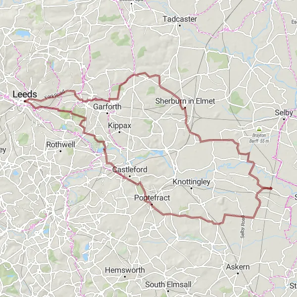 Map miniature of "Leeds to Monk Fryston Gravel Route" cycling inspiration in West Yorkshire, United Kingdom. Generated by Tarmacs.app cycling route planner