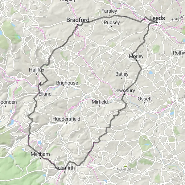 Map miniature of "Leeds to Meltham Scenic Road Trip" cycling inspiration in West Yorkshire, United Kingdom. Generated by Tarmacs.app cycling route planner