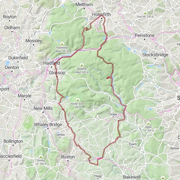 Map miniature of "The Strines" cycling inspiration in West Yorkshire, United Kingdom. Generated by Tarmacs.app cycling route planner