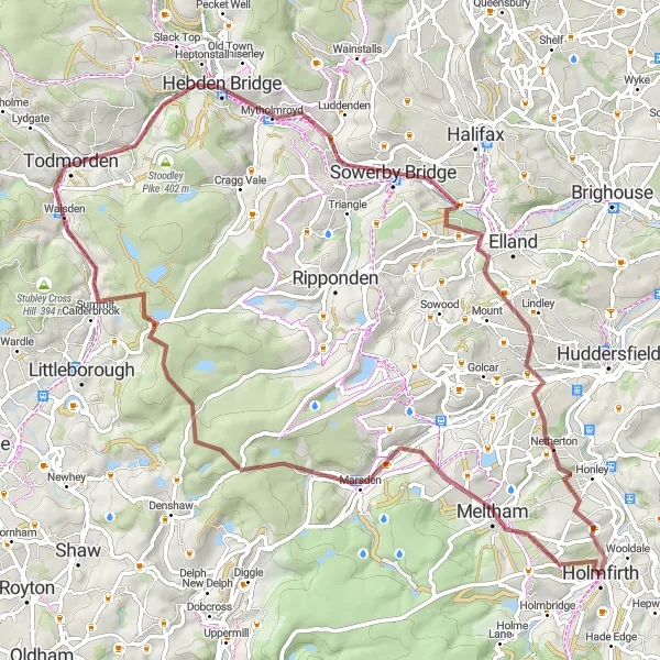 Map miniature of "Marsden and Beyond" cycling inspiration in West Yorkshire, United Kingdom. Generated by Tarmacs.app cycling route planner