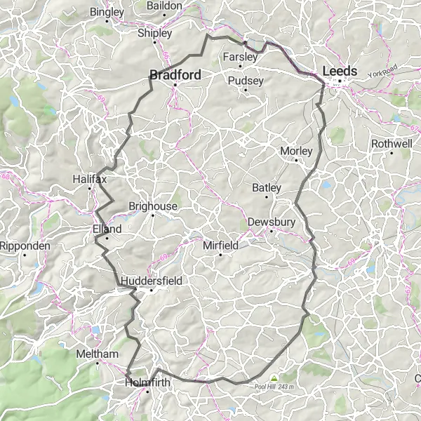 Map miniature of "Holmfirth to Denby Dale Loop" cycling inspiration in West Yorkshire, United Kingdom. Generated by Tarmacs.app cycling route planner