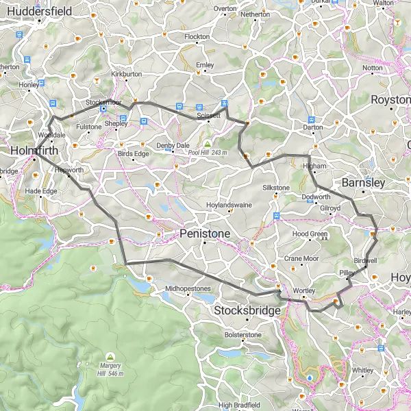 Map miniature of "South Yorkshire Pennines" cycling inspiration in West Yorkshire, United Kingdom. Generated by Tarmacs.app cycling route planner