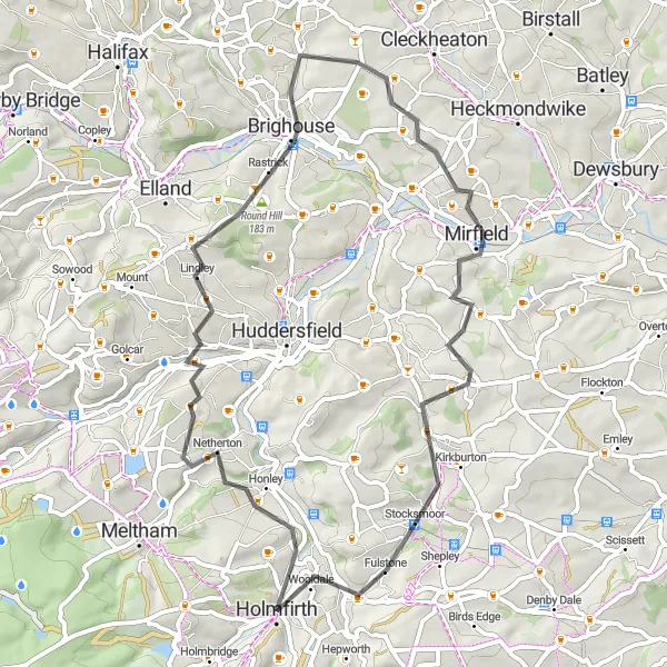 Map miniature of "The Honley Hills Road Tour" cycling inspiration in West Yorkshire, United Kingdom. Generated by Tarmacs.app cycling route planner