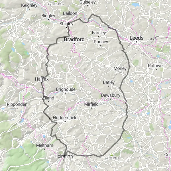 Map miniature of "The Ultimate Holmfirth Road Challenge" cycling inspiration in West Yorkshire, United Kingdom. Generated by Tarmacs.app cycling route planner